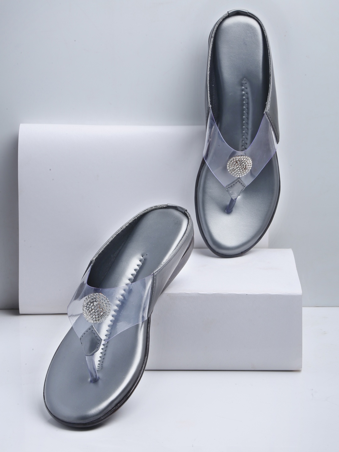 

DEAS Women Grey embellished T-Strap Flats