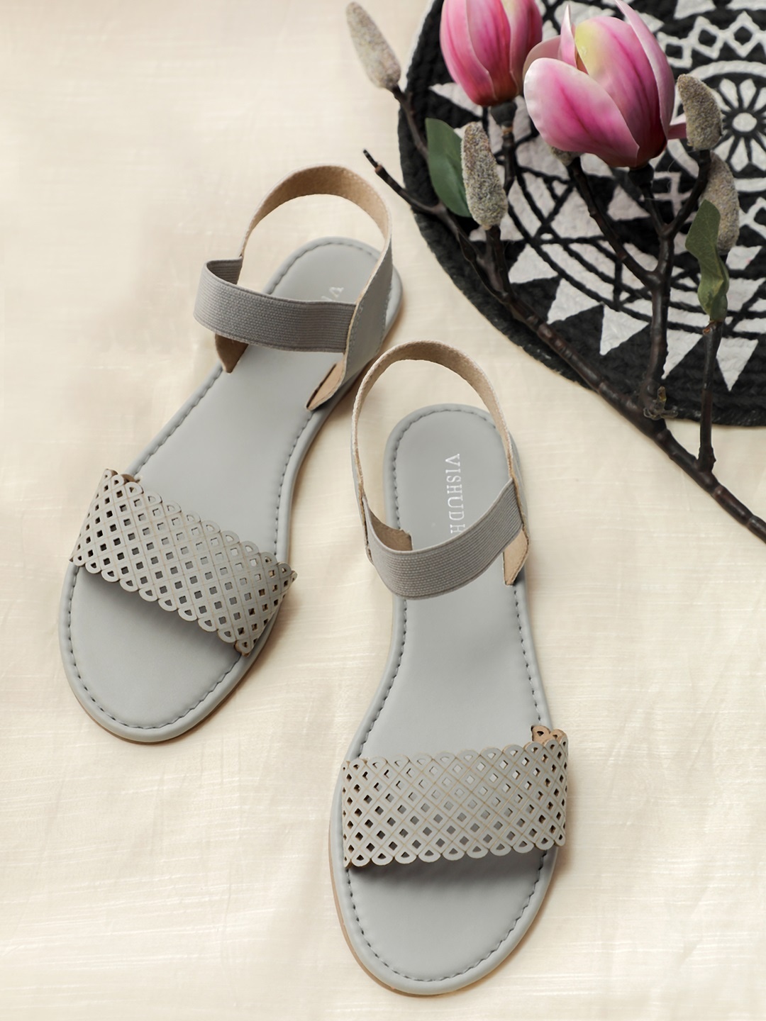 

Vishudh Women Grey Laser Cuts Open Toe Flats