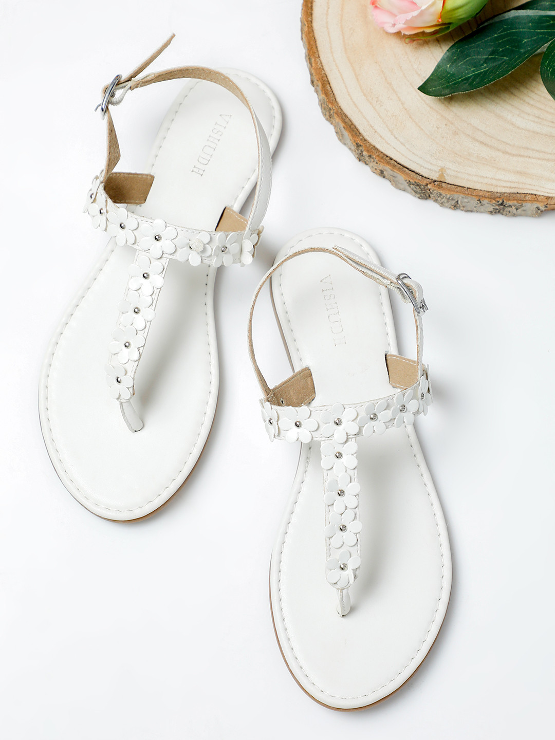 

Vishudh Women White Embellished T-Strap Flats