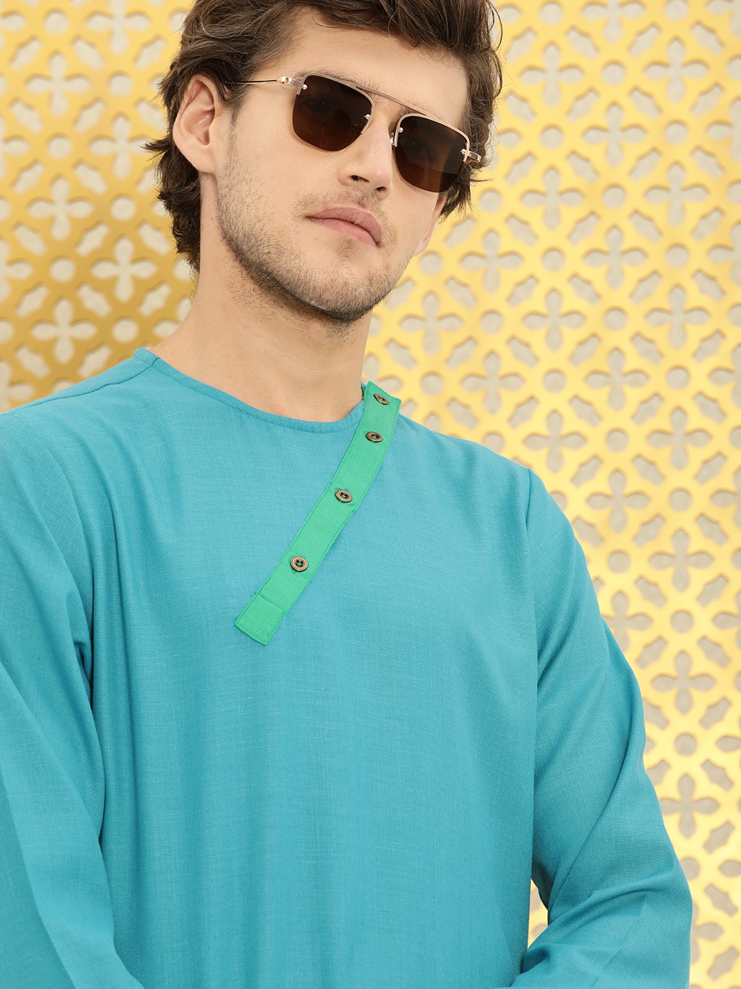 

Ode by House of Pataudi Men Blue Rozana Pure Cotton Kurta