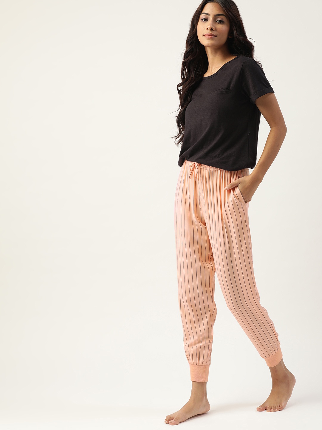 

ETC Women Peach-Colored & Black Striped Jogger Style Lounge Pants