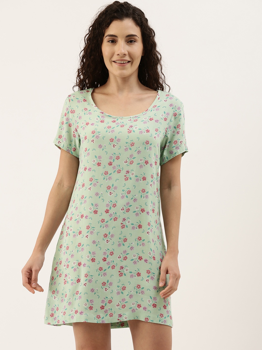 

ETC Sea Green & Pink Floral Printed Nightdress