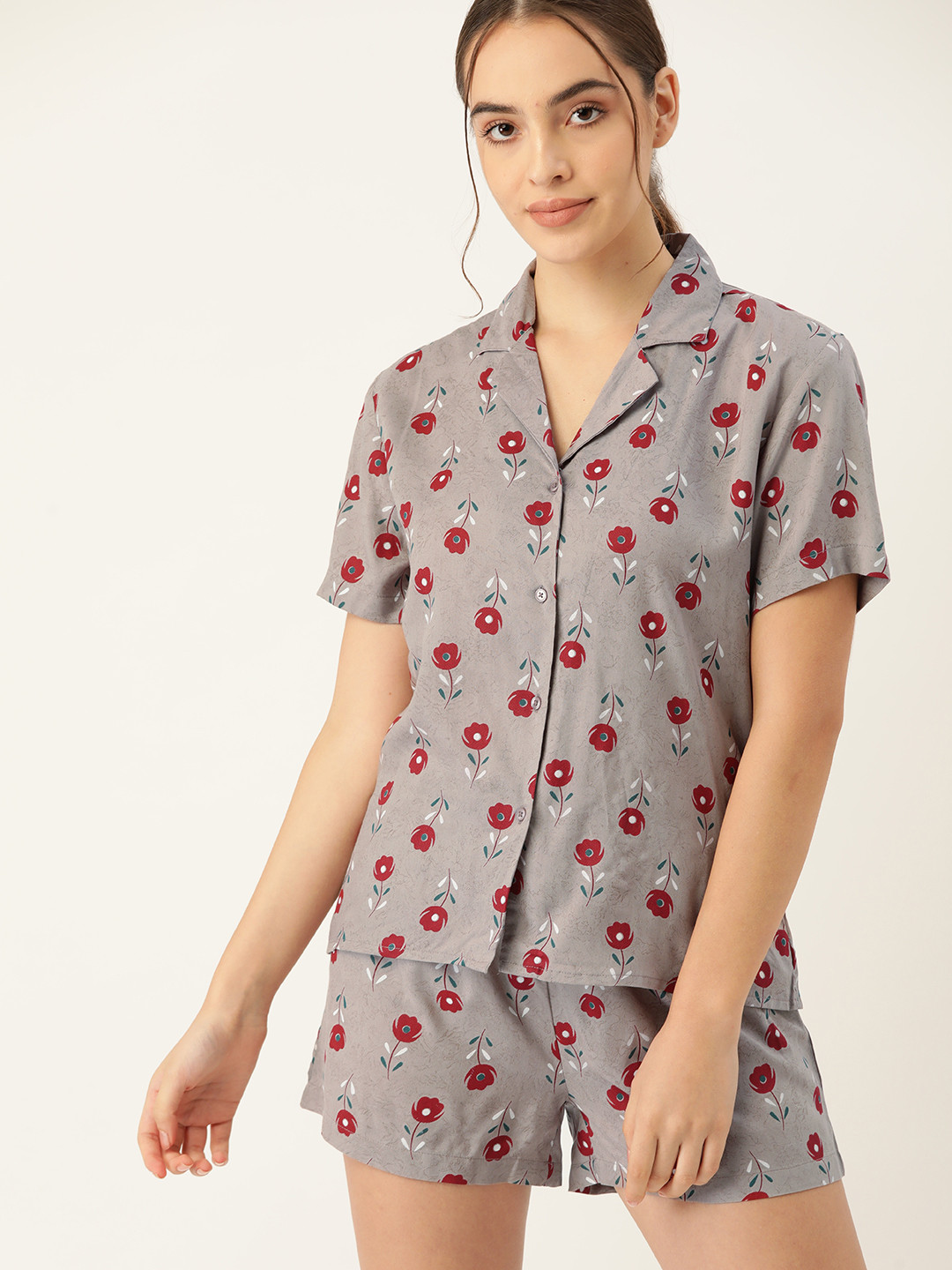 

ETC Women Grey & Red Floral Print Shorts Set