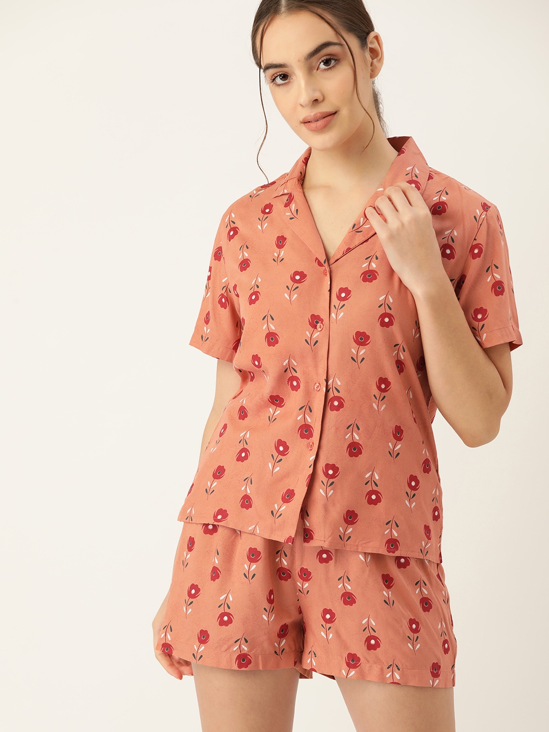 

ETC Women Peach-Coloured & Red Floral Print Shorts Set