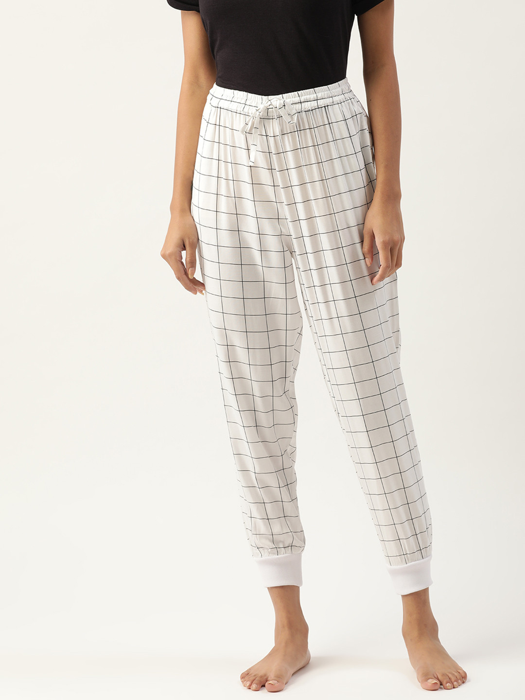 

ETC Women White & Black Checked Jogger Style Lounge Pants