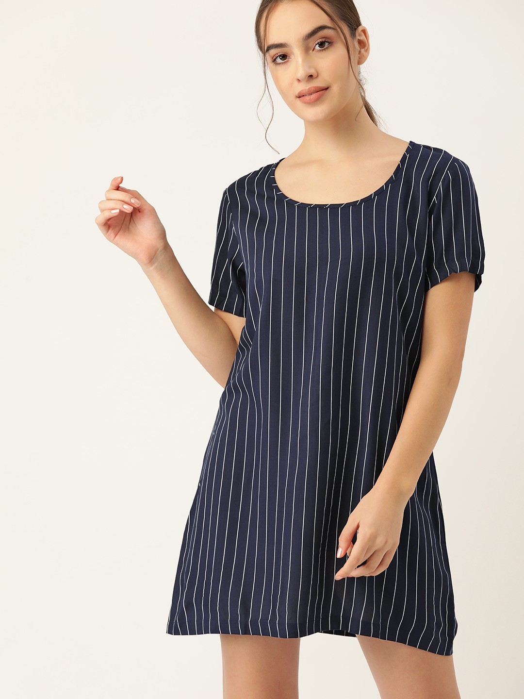 

ETC Women Navy Blue & White Striped Sleep Shirt