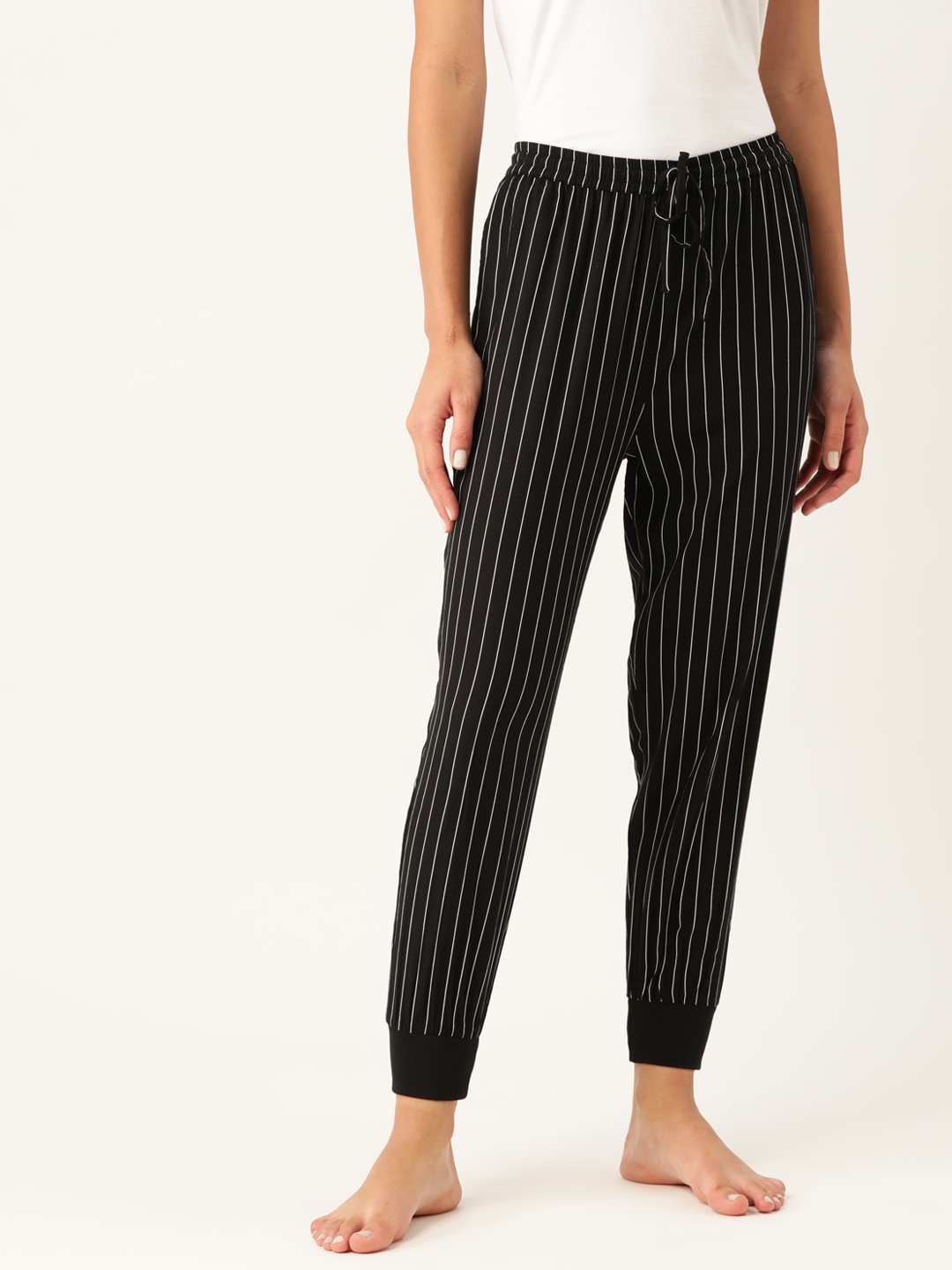

ETC Women Black & White Striped Jogger Style Lounge Pants
