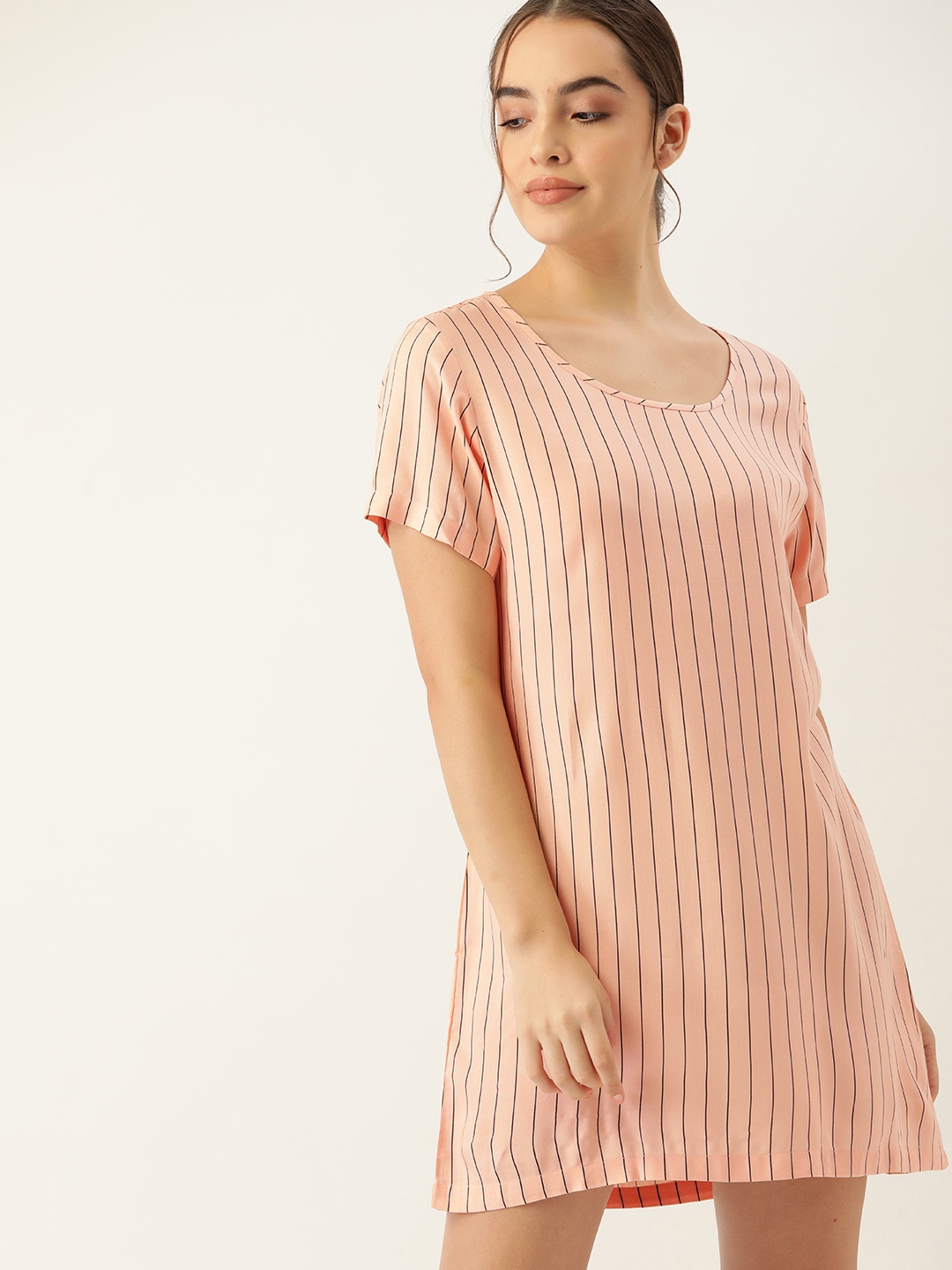 

ETC Women Peach-Coloured & Black Striped Nightdress