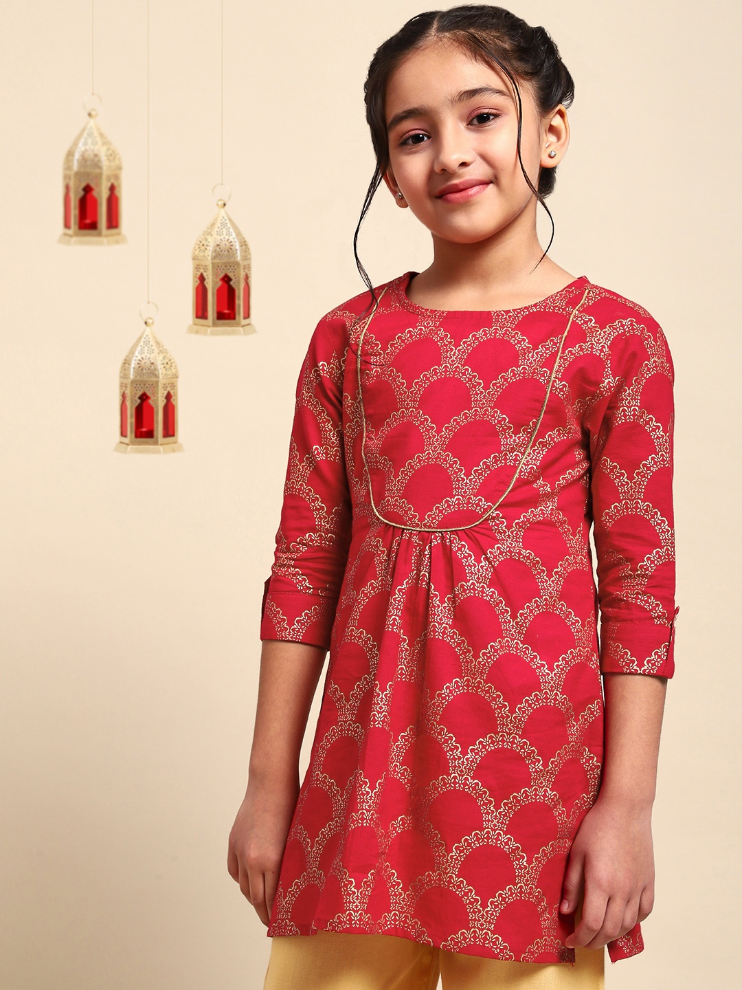 

House of Pataudi Girls Red Printed Pure Cotton Kurta