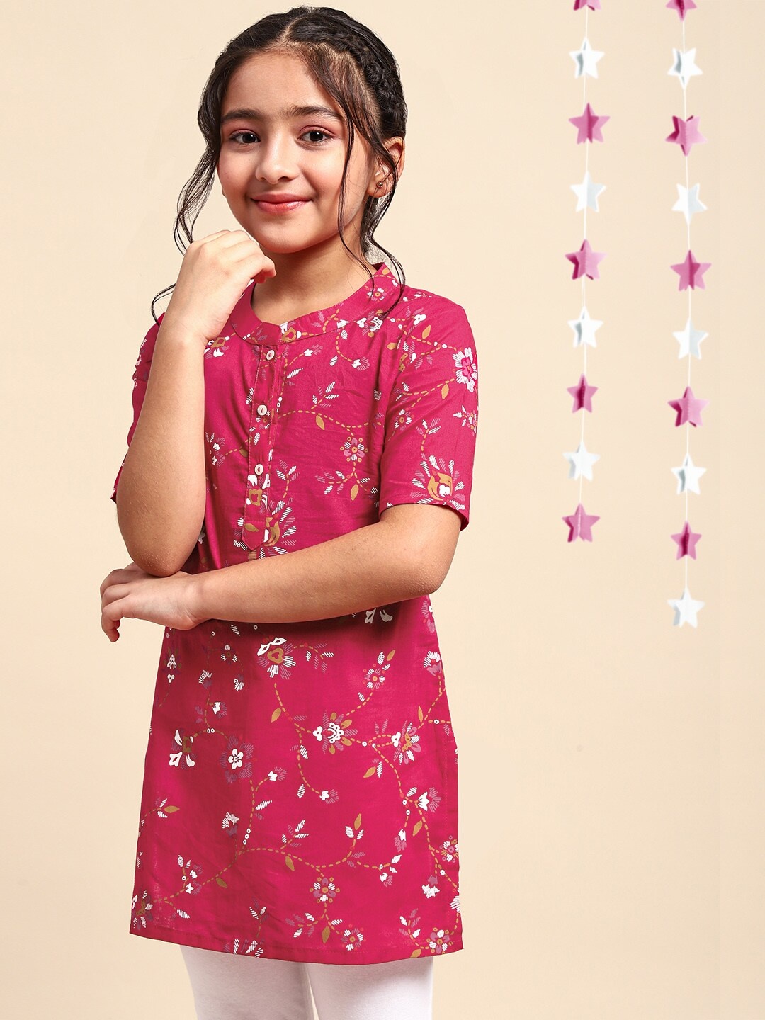 

House of Pataudi Girls Pink Floral Printed Kurta