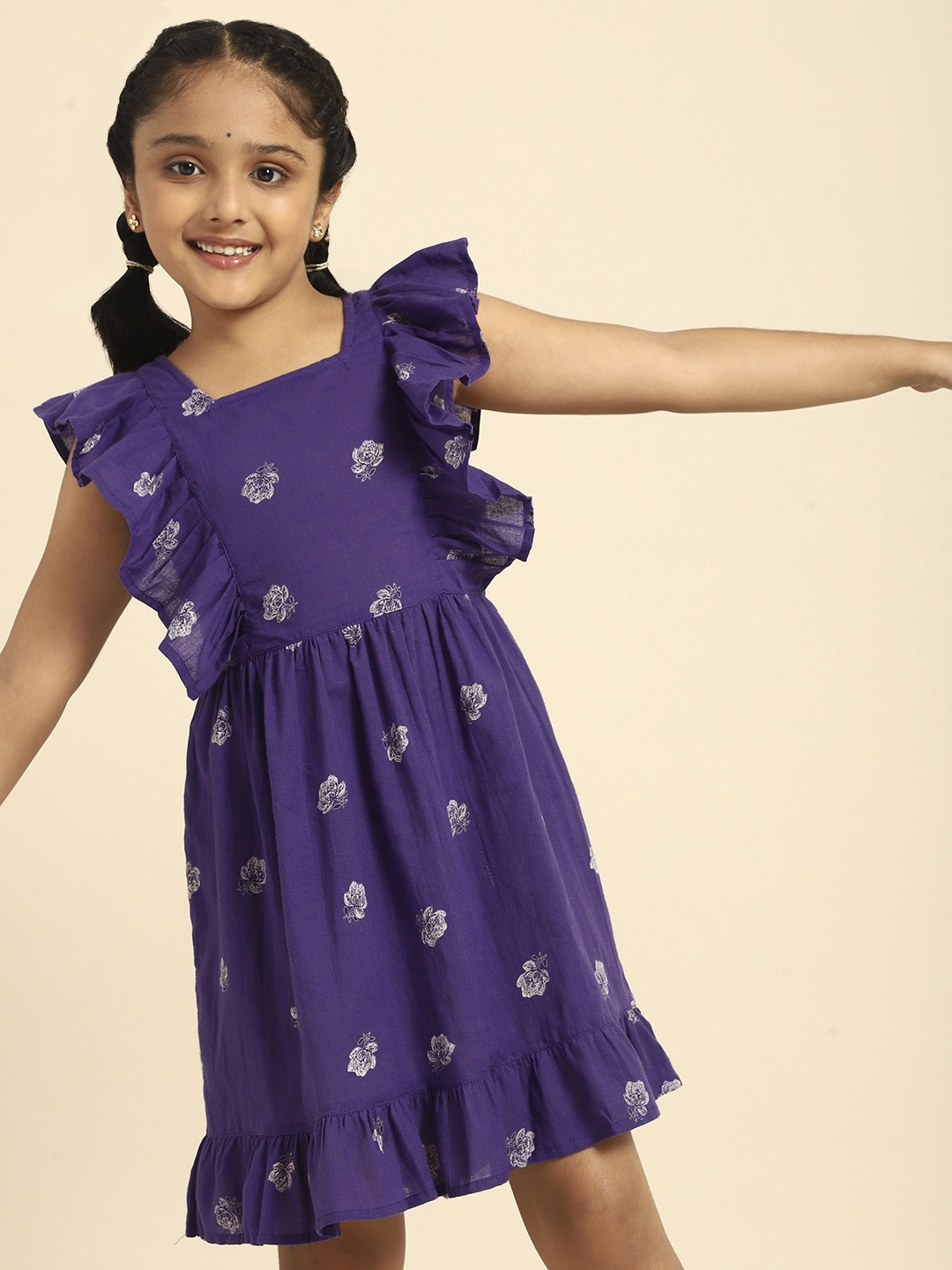 

House of Pataudi Girls Violet Floral Printed Pure Cotton Dress