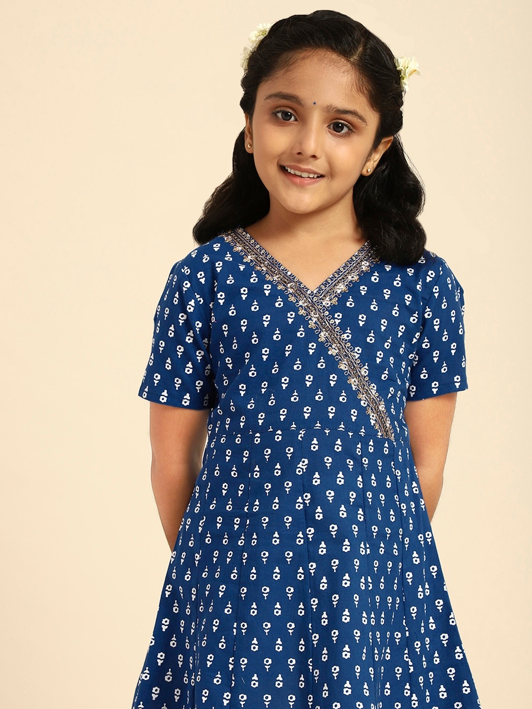 

House of Pataudi Girls Blue Printed Pure Cotton Empire Dress