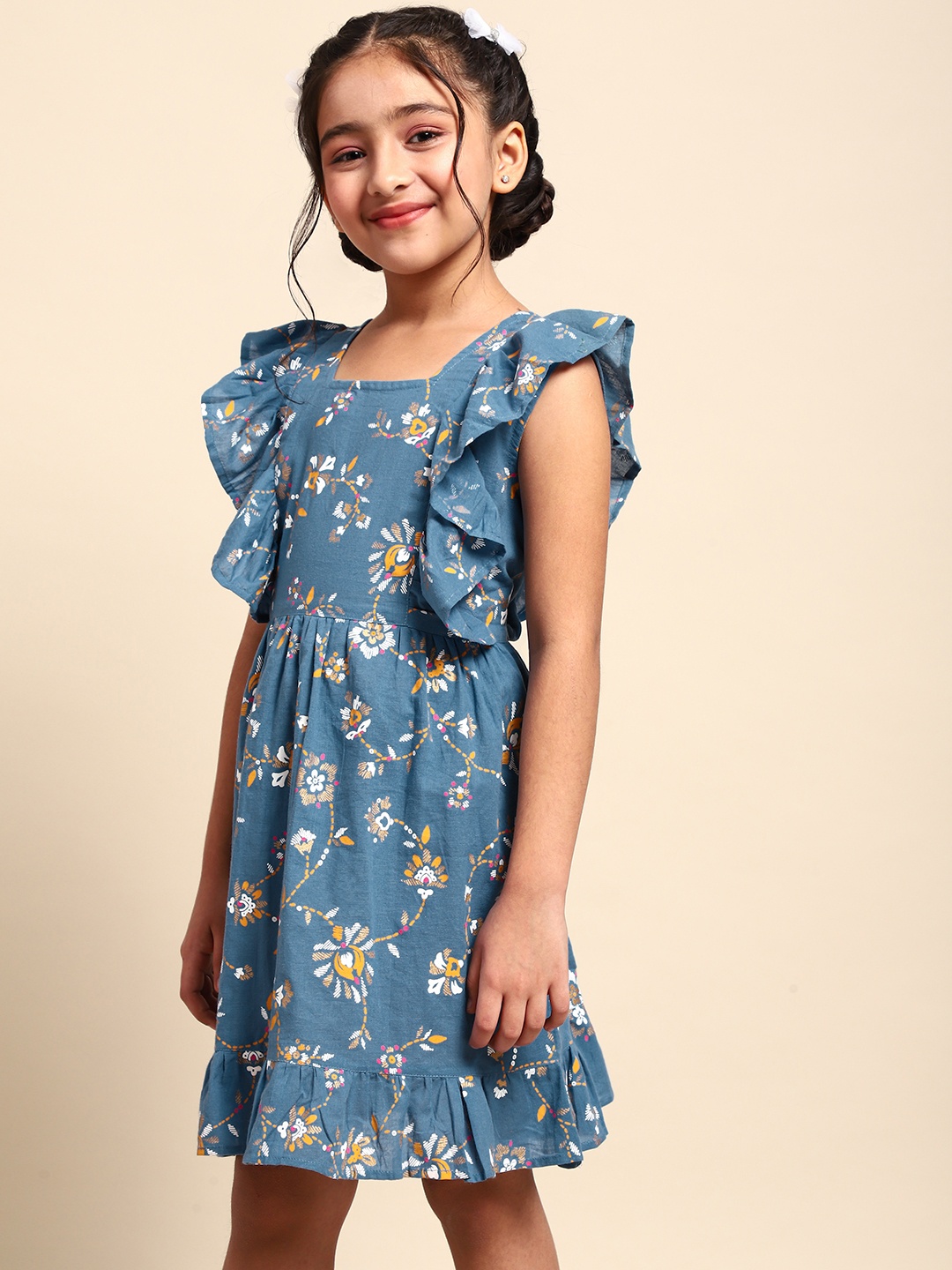 

House of Pataudi Girls Grey Floral Printed Pure Cotton Dress