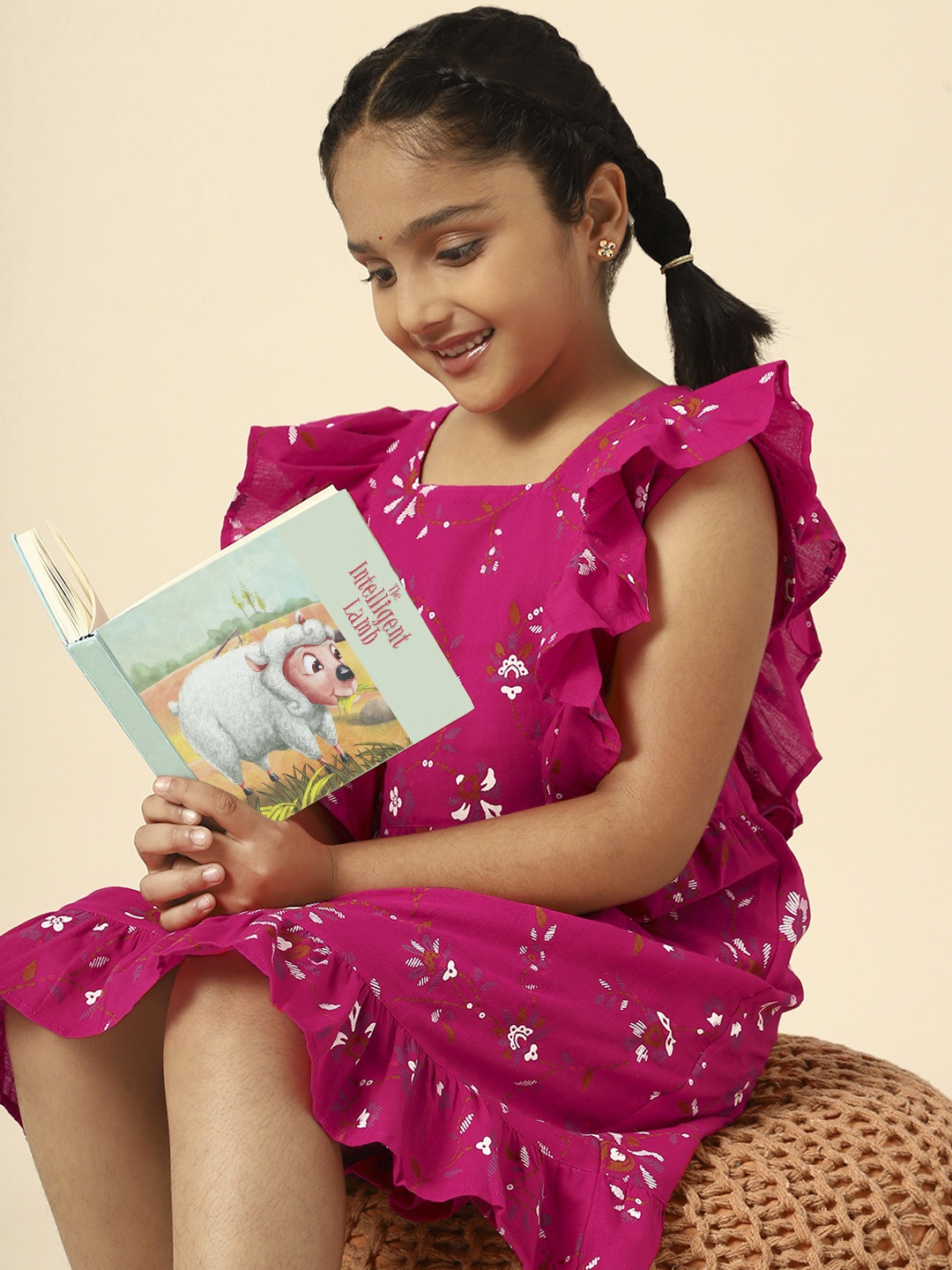 

House of Pataudi Girls Magenta Floral Printed Pure Cotton Dress
