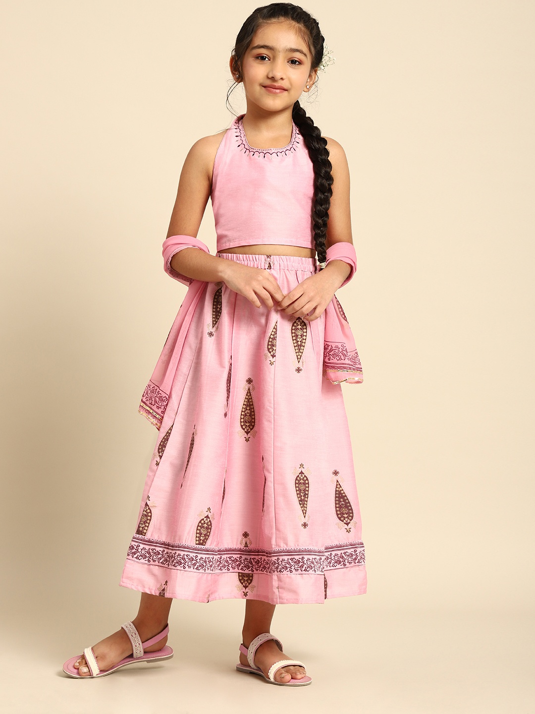 

House of Pataudi Girls Pink Ready to Wear Lehenga & Blouse With Dupatta