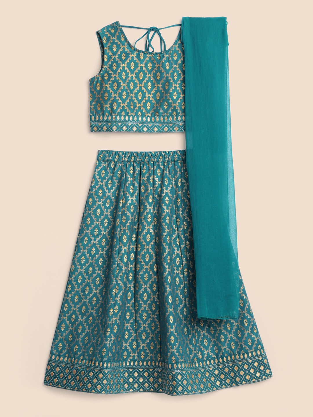 

House of Pataudi Girls Green Printed Ready to Wear Lehenga & Blouse With Dupatta