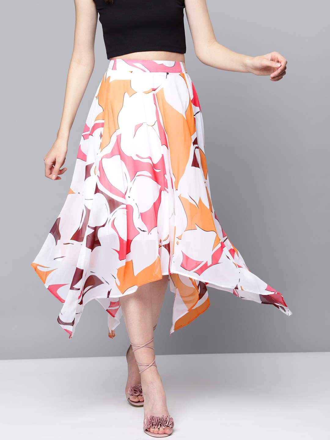 

SASSAFRAS Off-White & Orange Floral Print Asymmetric Flared Midi Skirt