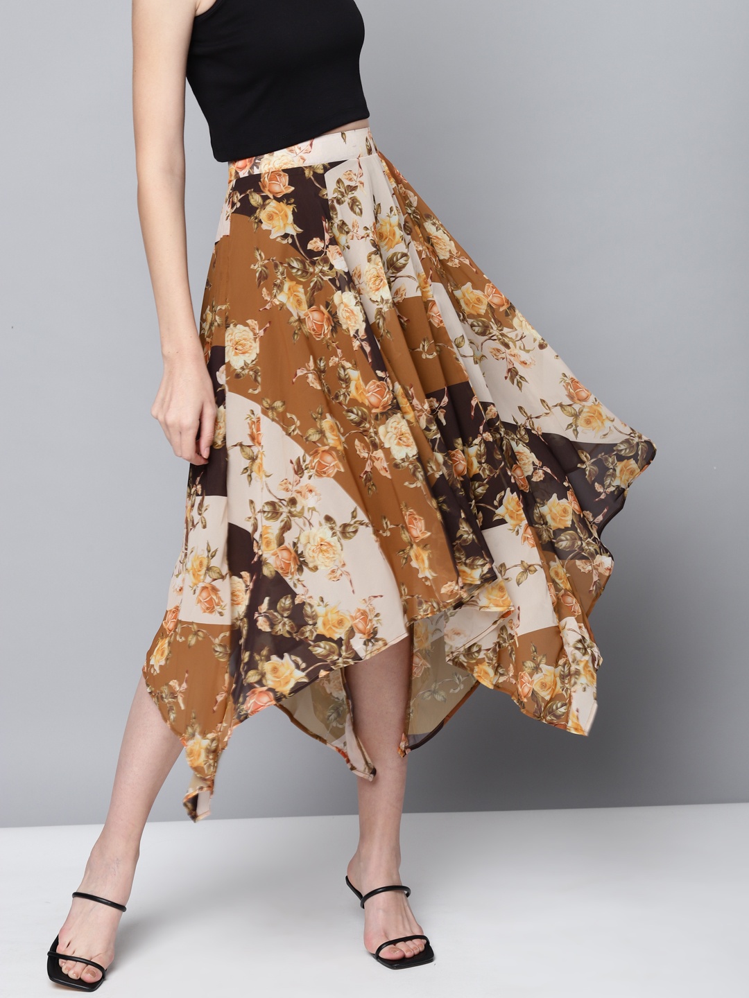 

SASSAFRAS Mustard Brown Floral Print A-Line Skirt