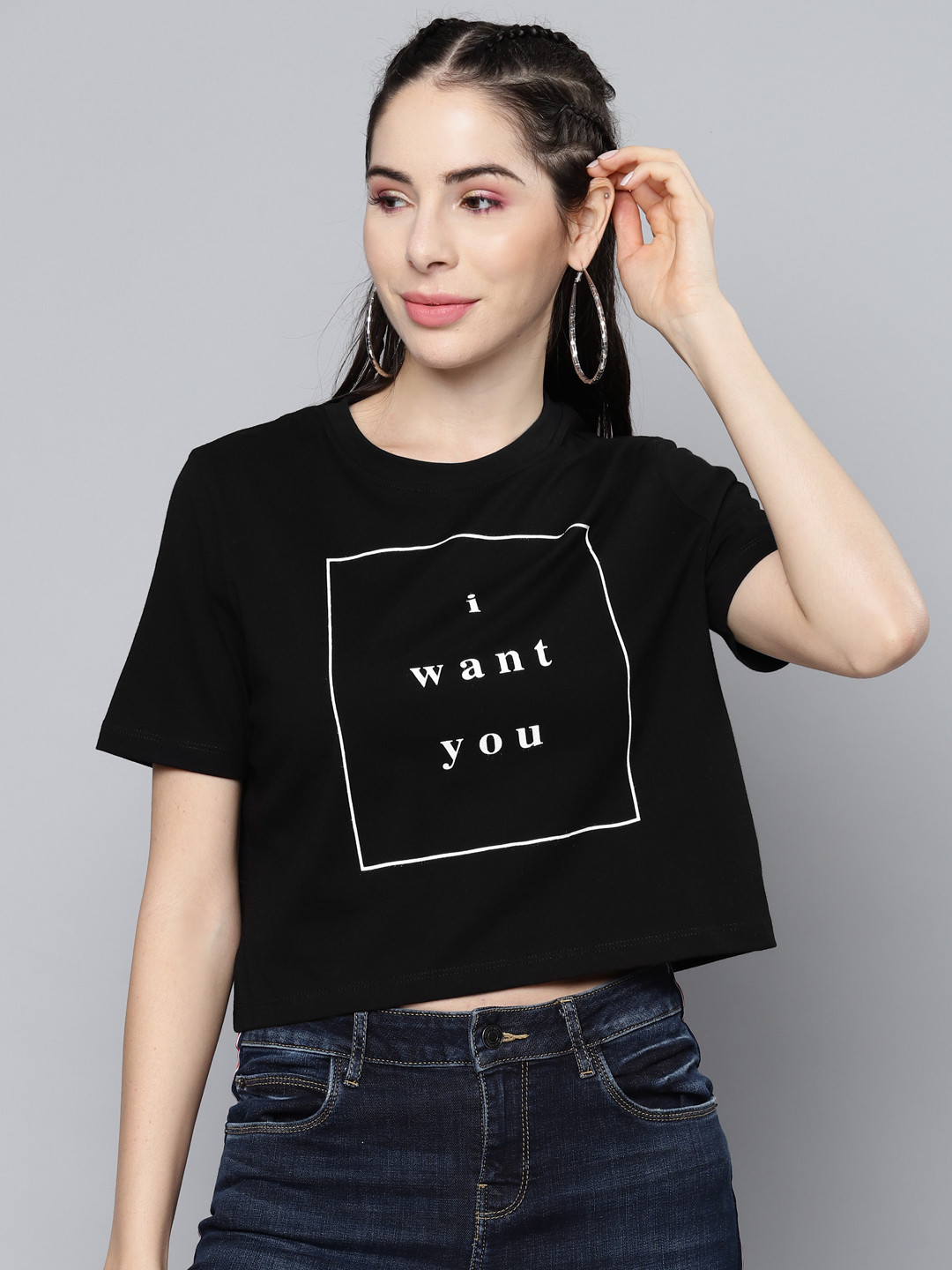 

SASSAFRAS Women Black & White Typography Printed Pure Cotton Boxy T-shirt