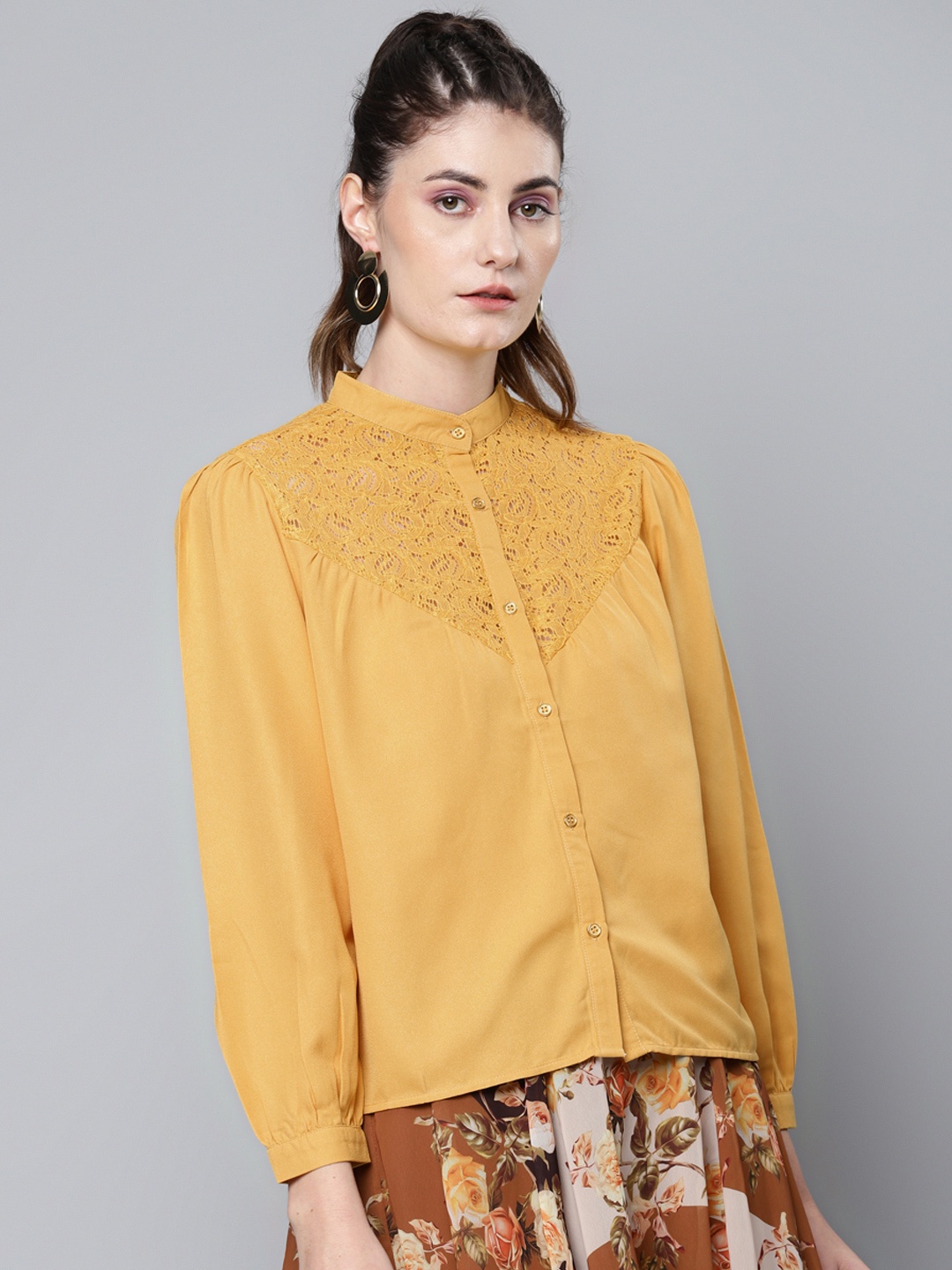 

SASSAFRAS Women Mustard Yellow Lace Yoke Casual Shirt
