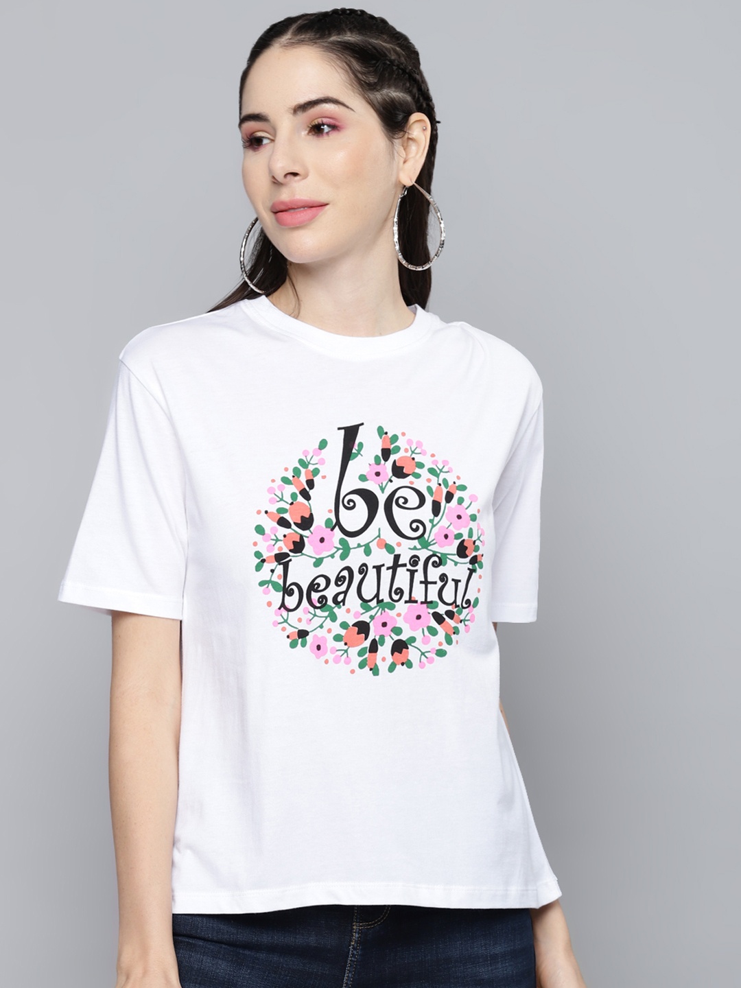 SASSAFRAS Women White & Pink Typography Printed Pure Cotton T-shirt