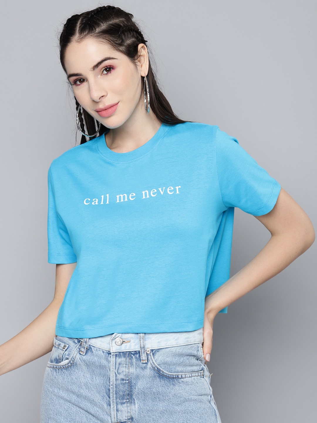 

SASSAFRAS Women Blue Typography Printed Boxy Pure Cotton T-shirt