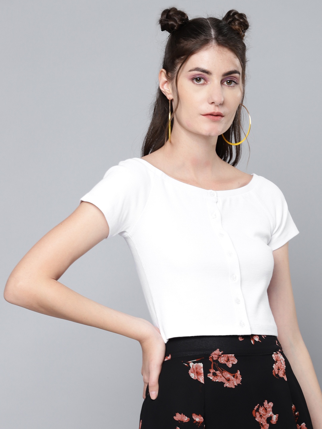 SASSAFRAS White Solid Boat Neck Cropped Top