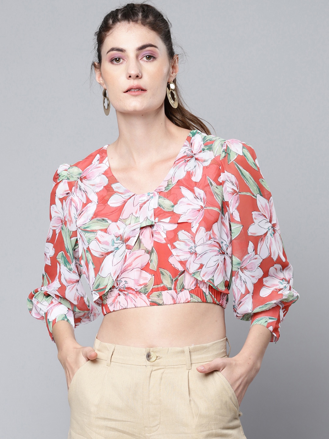 

SASSAFRAS Coral Red & Pink Floral Puff Sleeve Layered Georgette Crop Top