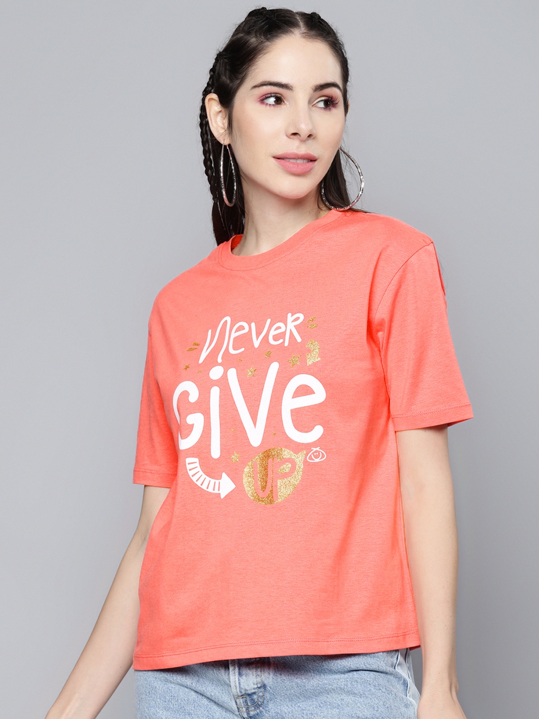 SASSAFRAS Women Coral Orange & White Typography Printed Pure Cotton T-shirt