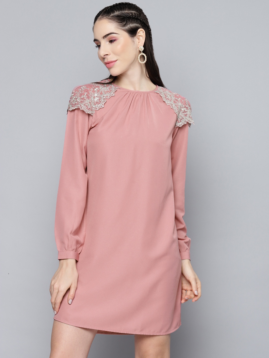 

SASSAFRAS Rose Solid Lace Shoulder Patch Shift Dress