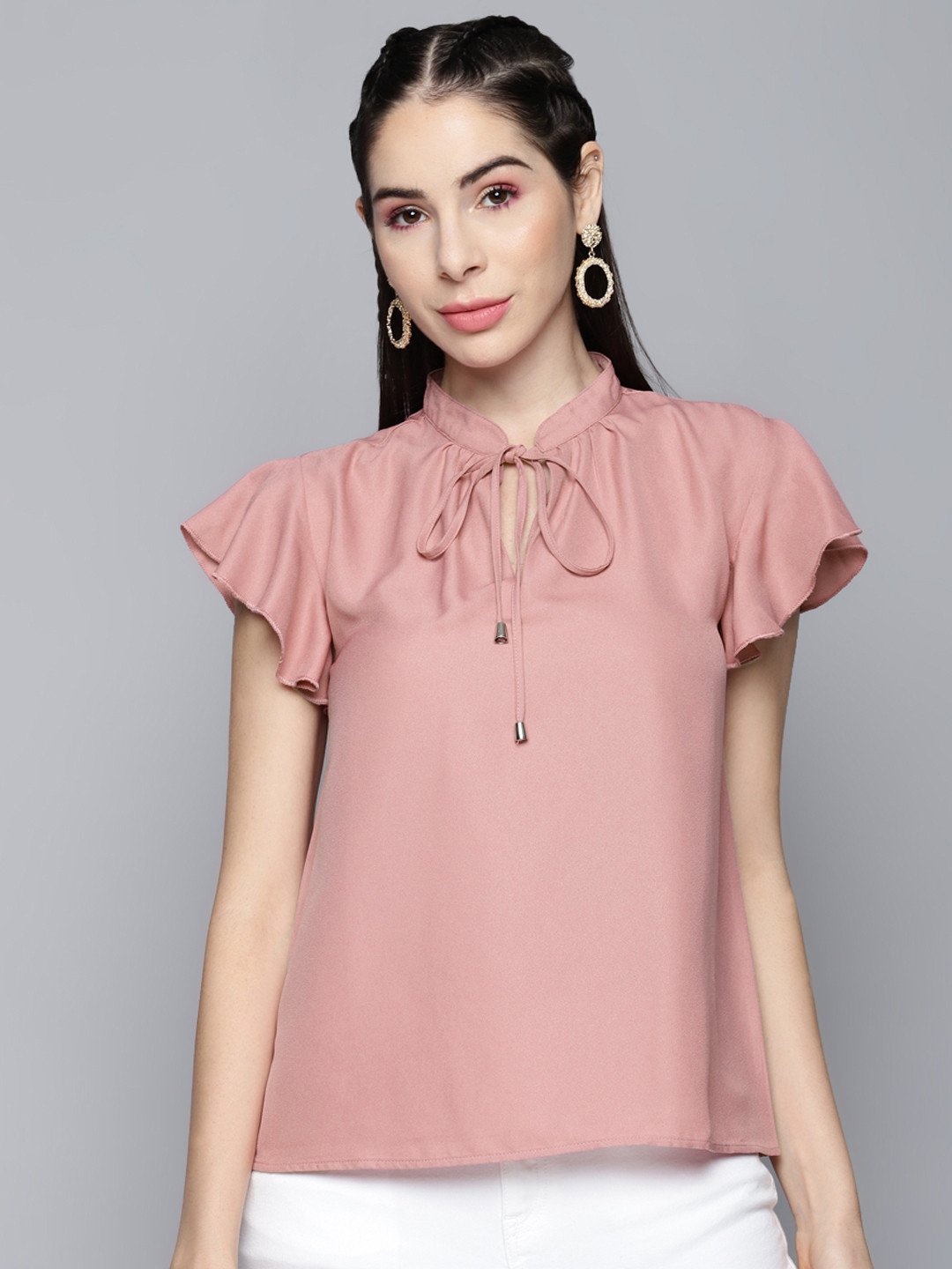 

SASSAFRAS Pink Tie-Up Neck Ruffled Sleeves Solid Top