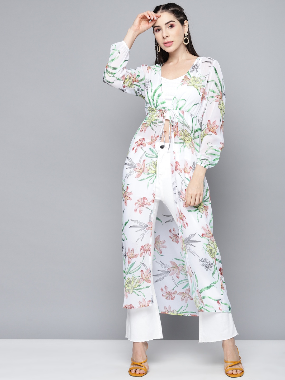 

SASSAFRAS Women White & Green Printed Longline Tie-Up Shrug