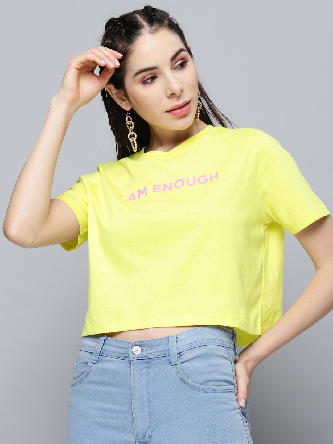 

SASSAFRAS Women Yellow Pure Cotton Printed Drop-Shoulder Sleeves Boxy Pure Cotton T-shirt