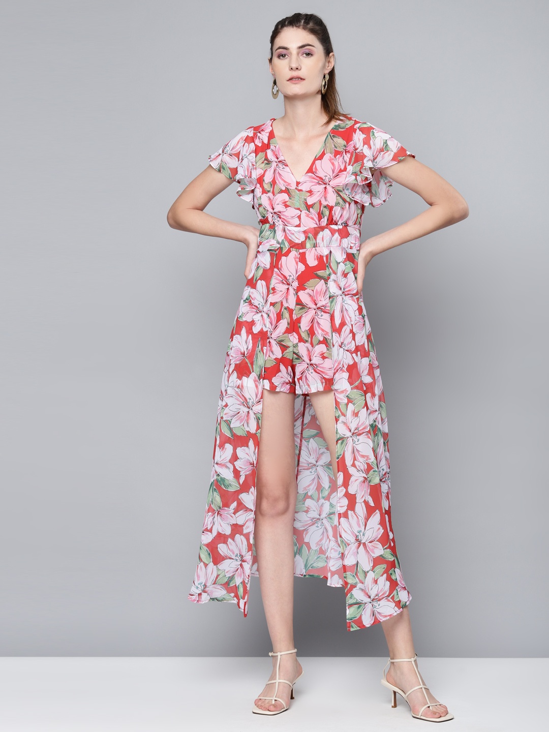 

SASSAFRAS Coral Red & Green Floral Printed Layered Jumpsuit