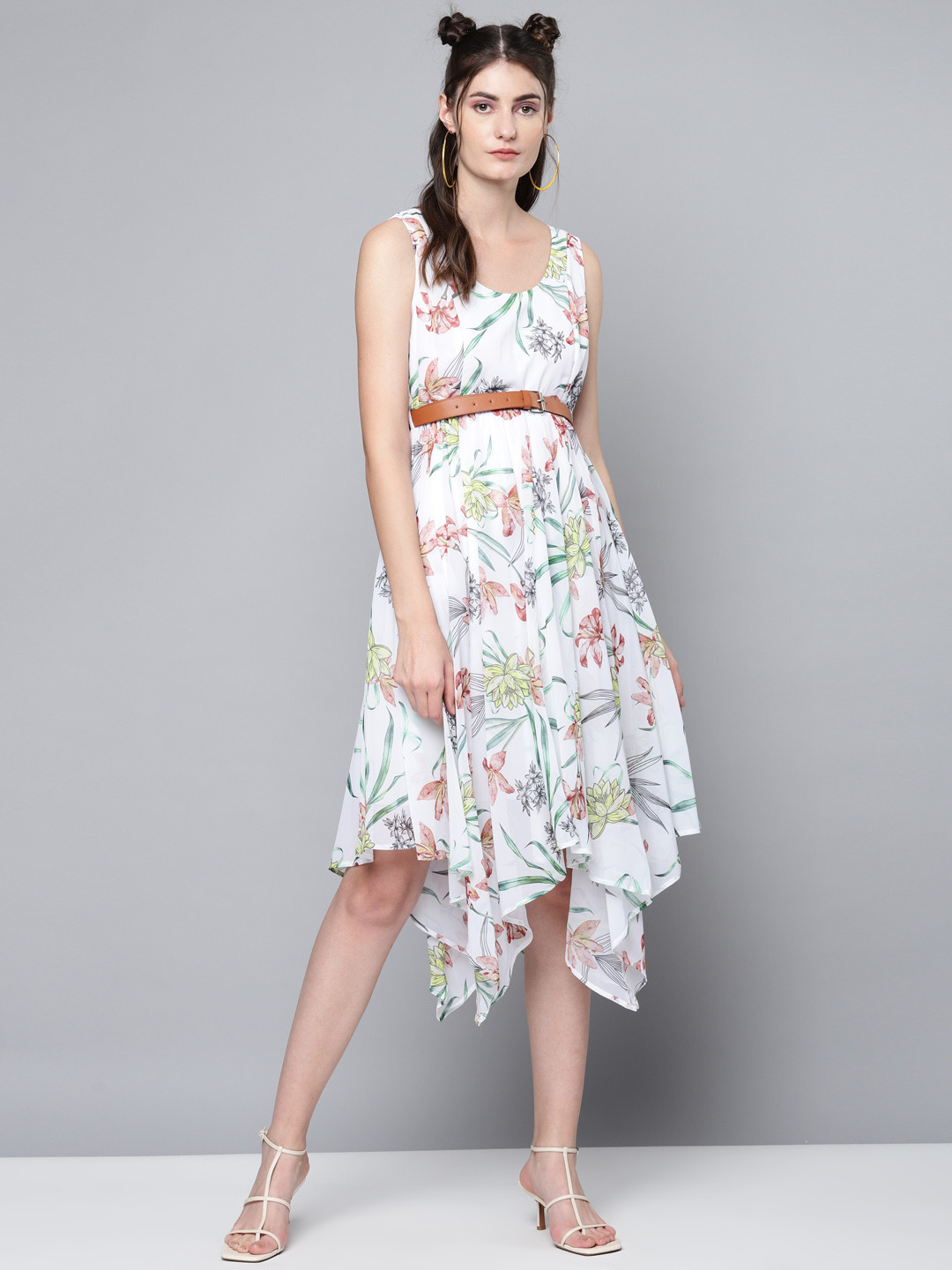 

SASSAFRAS White & Green Floral Printed Midi A-Line Dress with Belt