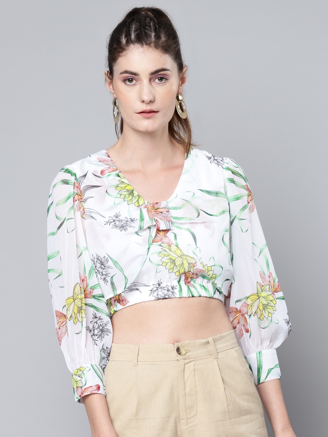 

SASSAFRAS White & Green Floral Print Puff Sleeve Layered Georgette Crop Top