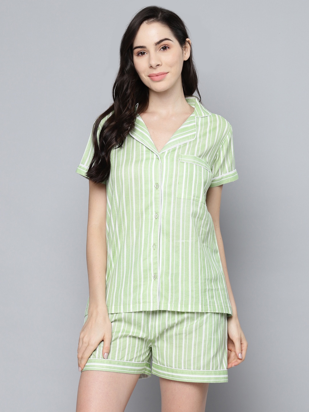 

SASSAFRAS Women Green & White Striped Night suit