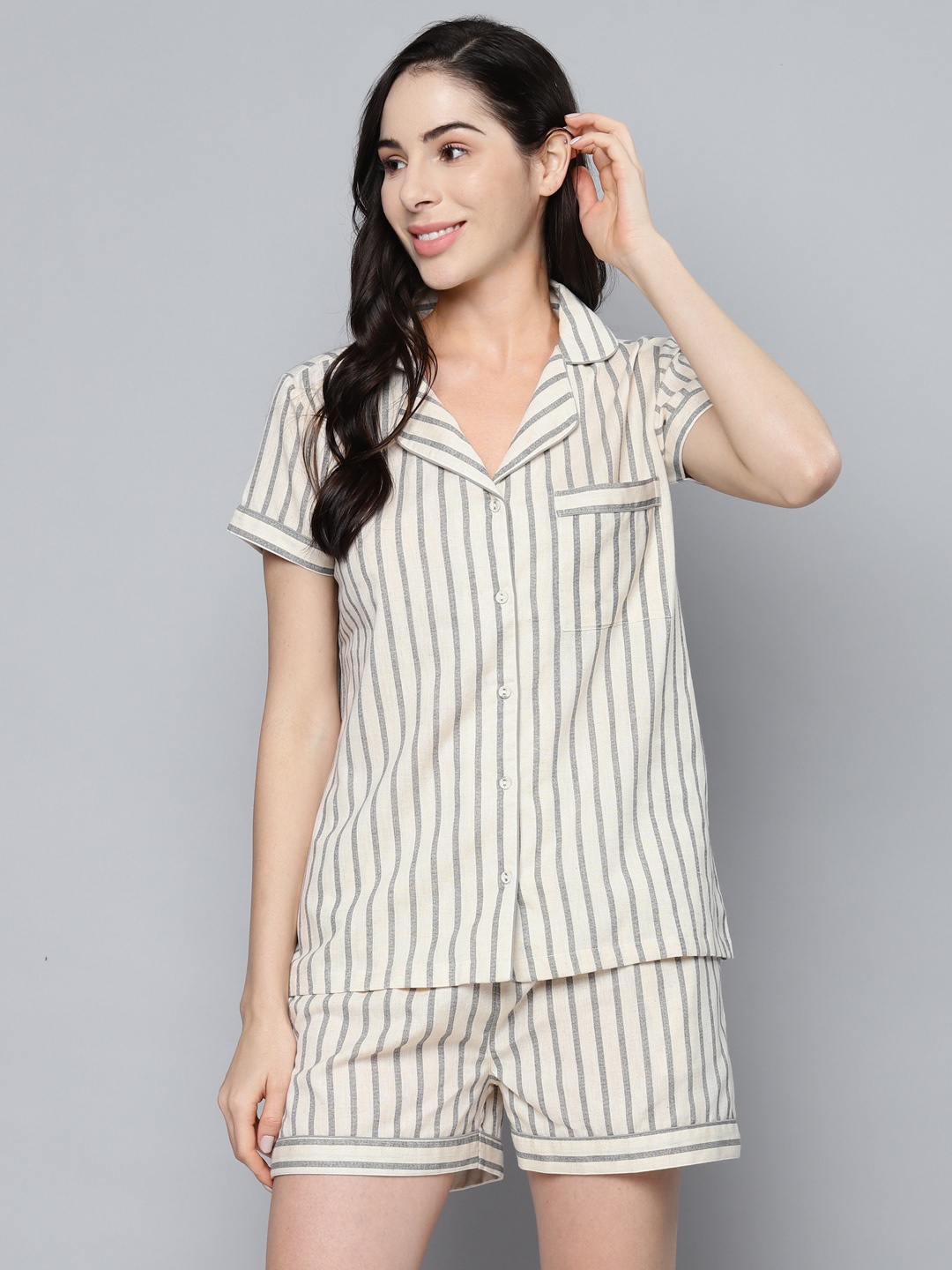 

SASSAFRAS Women Grey & White Striped Night suit