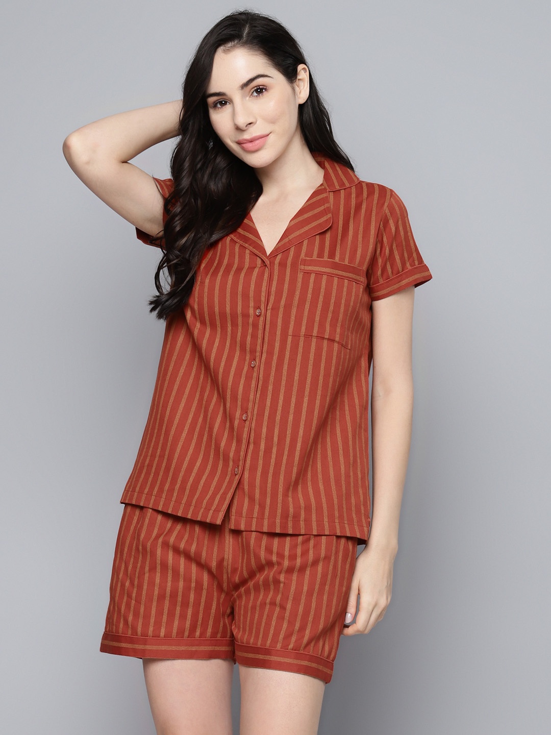

SASSAFRAS Women Rust & Brown Striped Night suit