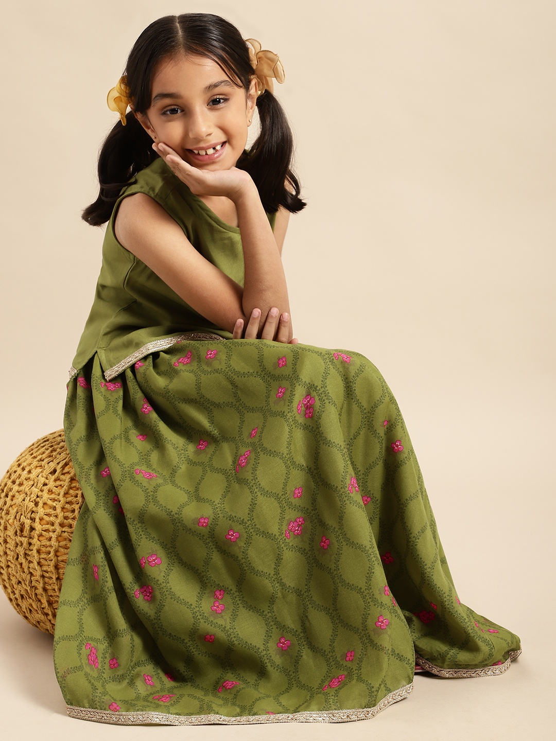 

House of Pataudi Girls Jashn Printed Ready to Wear Lehenga & Blouse, Green