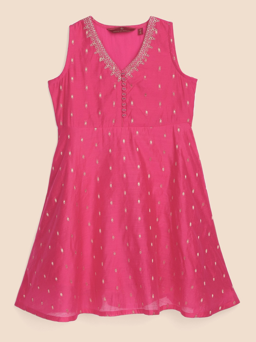 

House of Pataudi Girls Fuchsia & Gold-Toned Thread Work Self Design Empire Dress