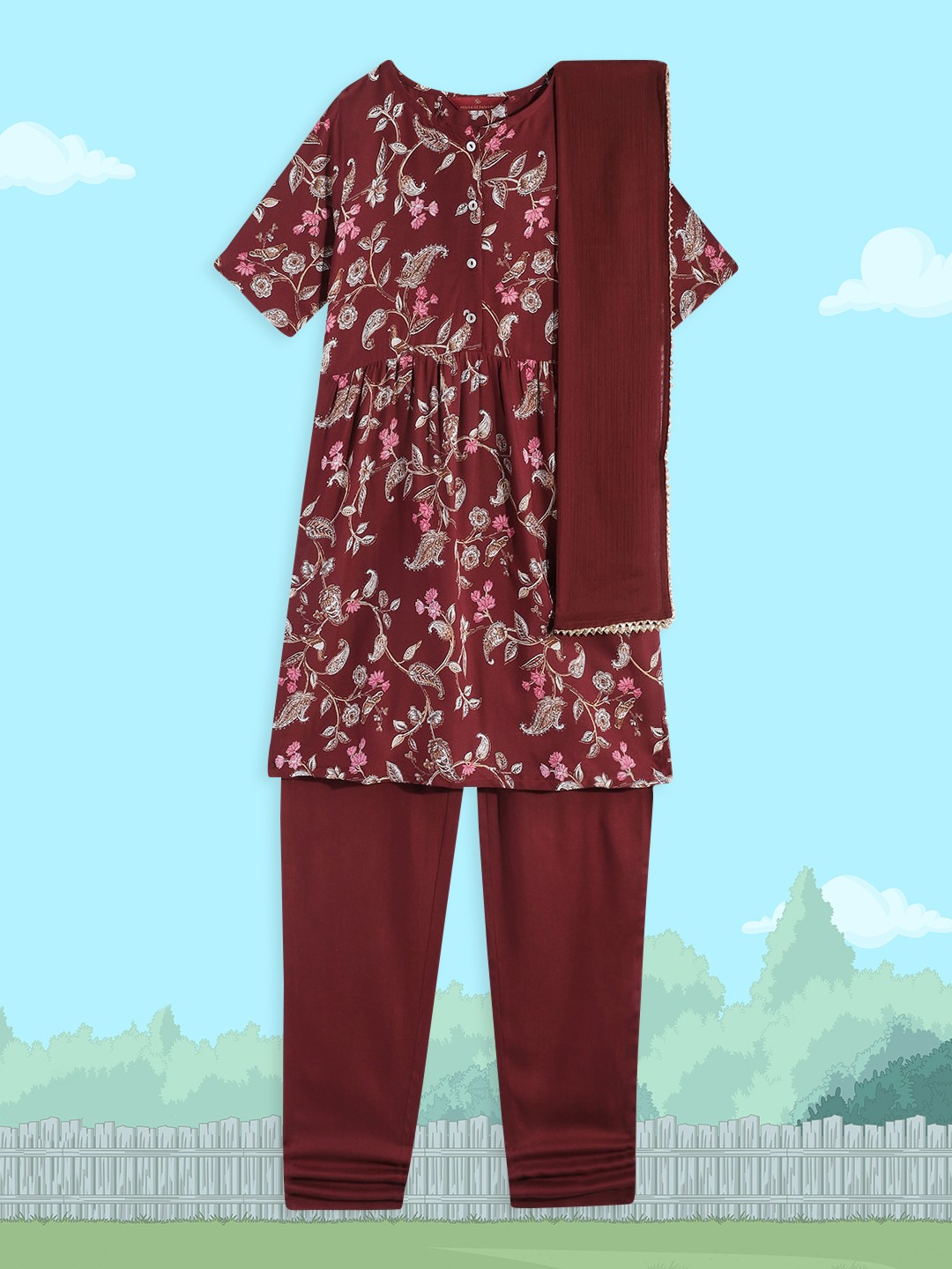 

House of Pataudi Girls Burgundy Floral Printed Empire Kurta With Trousers & Dupatta Set