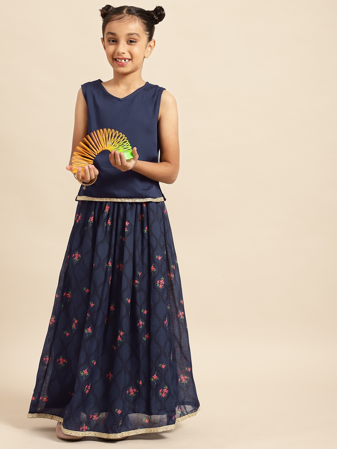 

House of Pataudi Girls Blue Jashn Printed Ready to Wear Lehenga Choli