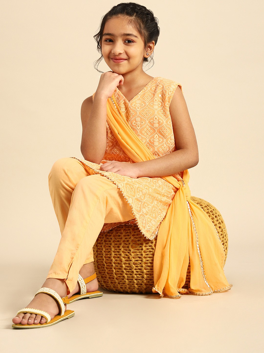 

House of Pataudi Girls Orange Embroidered Kurta With Pyjama & Dupatta