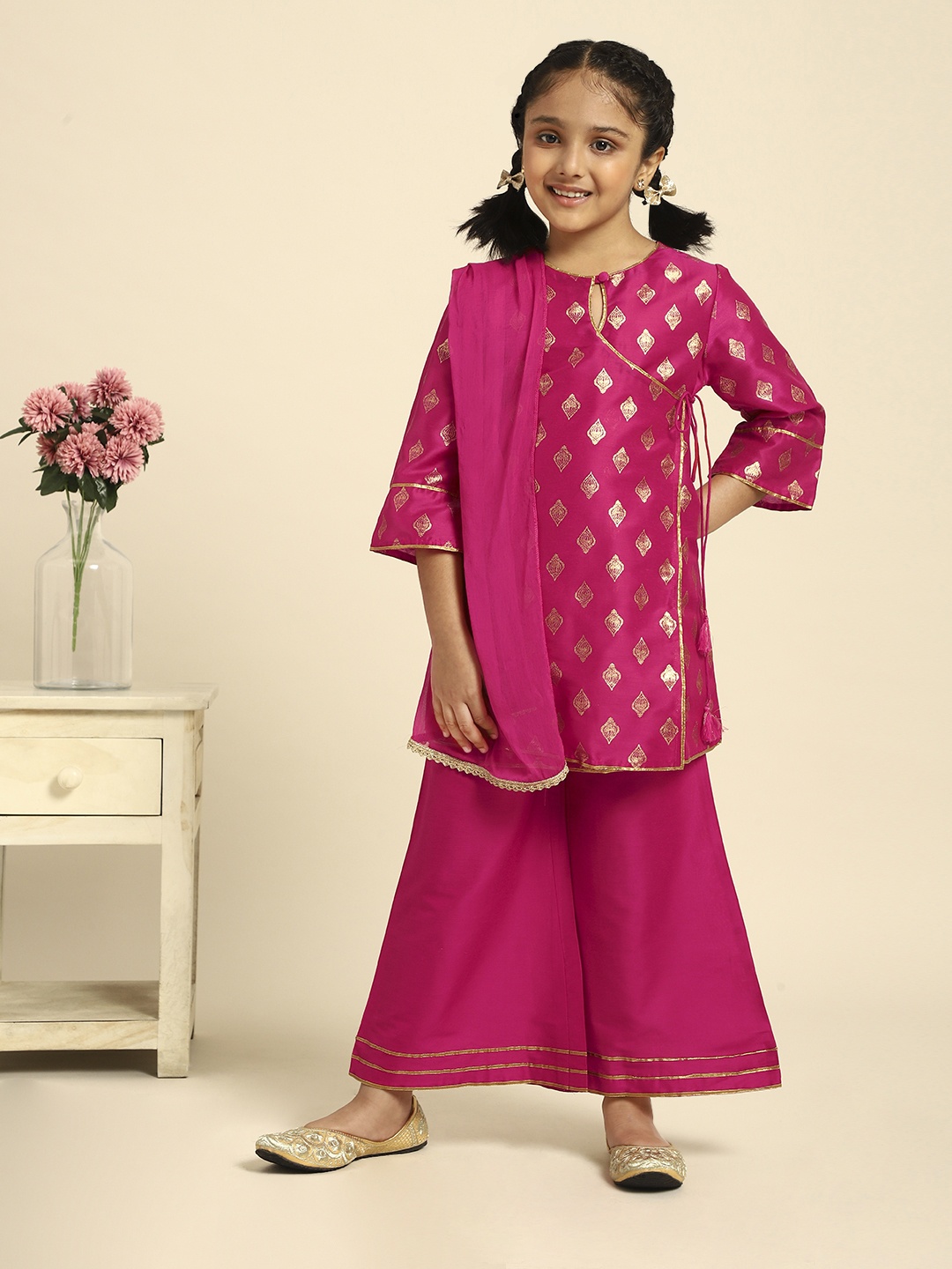 

House of Pataudi Girls Pink Ethnic Motifs Printed Angrakha Kurta with Palazzos & Dupatta