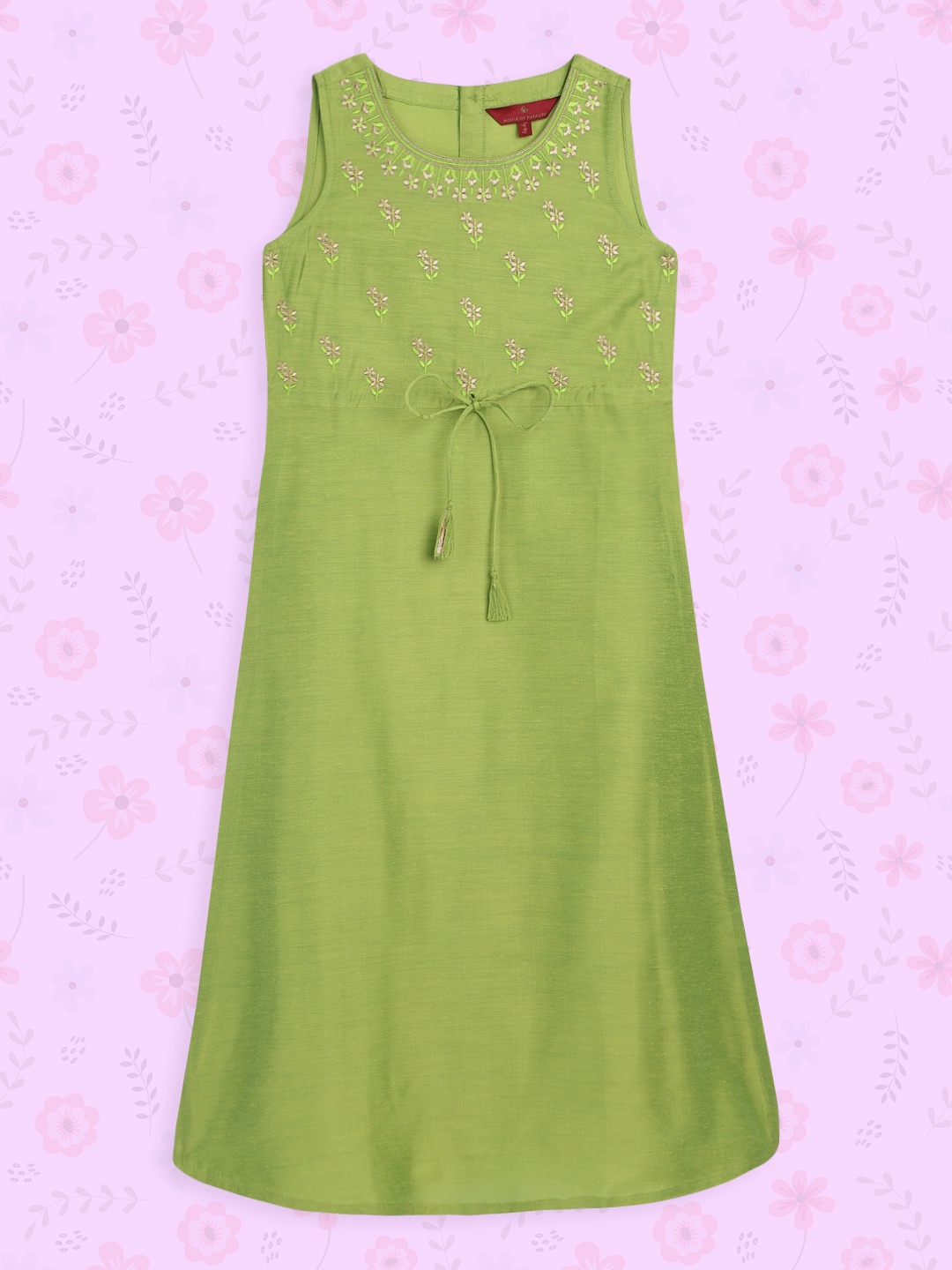 

House of Pataudi Girls Lime Green Floral Embroidered Thread Work Polyester Rozana Kurta