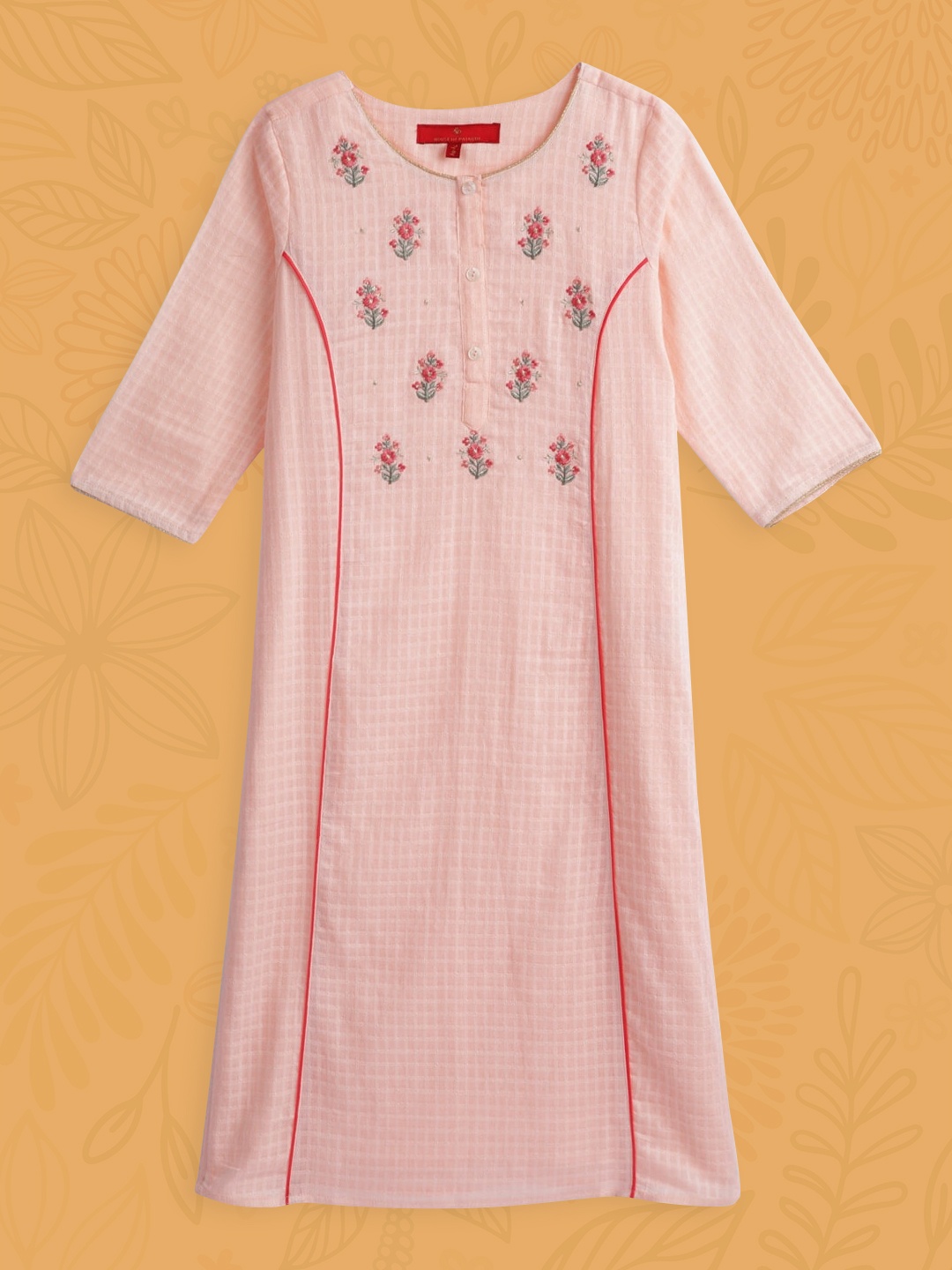 

House of Pataudi Girls Pink Self-Checked Floral Embroidery Pure Cotton Kurta