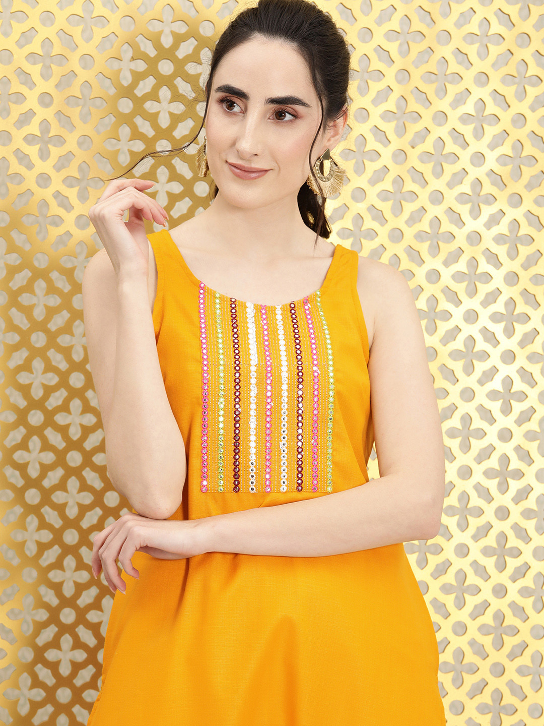 

Ode by House of Pataudi Women Orange Embroidered Mirror Work Rozana A-Line Kurta