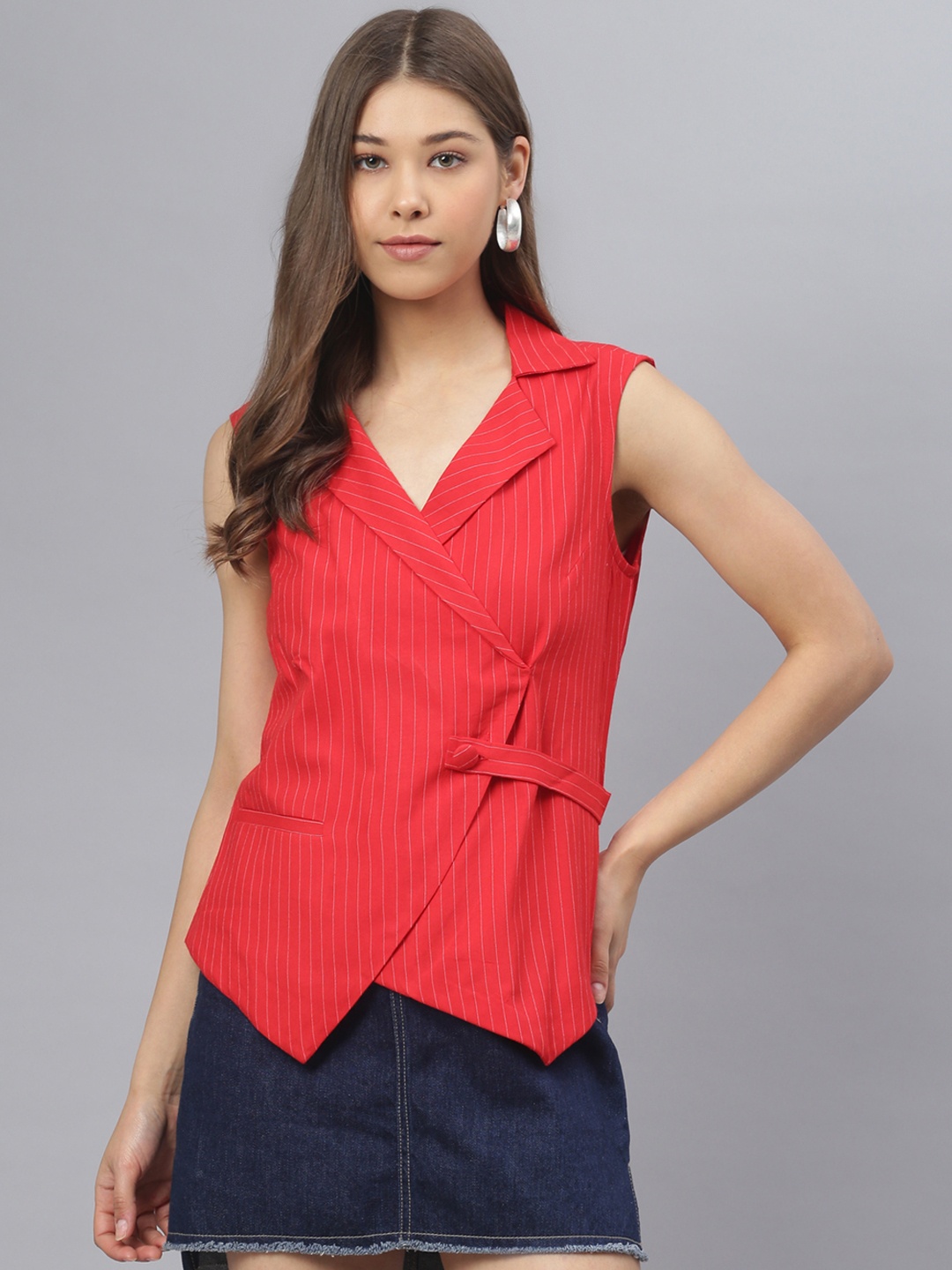 

DEEBACO Women Red Striped Double-Breasted Pure Cotton Blazer