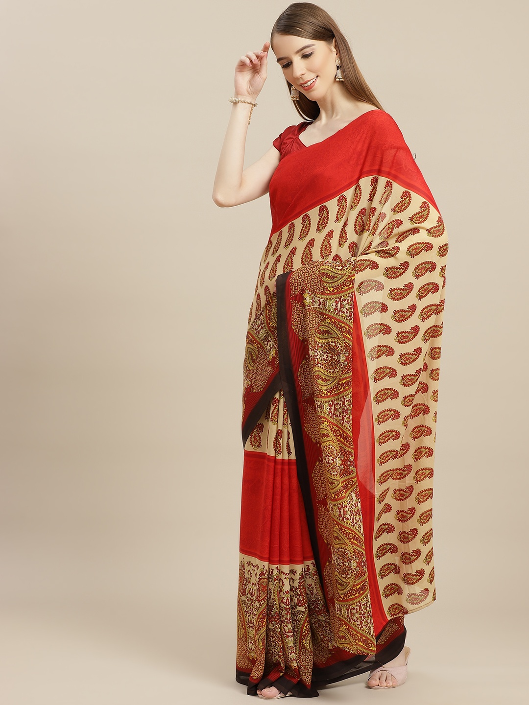

Anouk Red & Beige Paisley Pure Georgette Saree